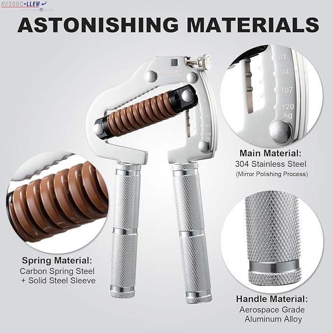 Adjustable Grip Strength Trainer: Premium 304 Stainless Steel Structure, Aerospace Grade Aluminum Alloy Handle, Grip Strength Adjustable Range 55-264 lbs