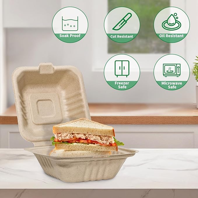 Aricsen Compostable 50 Pack 6x6 Inch Disposable Square Small Lunch Box Takeout Containers with Lid To Go Take Out Clamshell for Food, Eco-Friendly Biodegradable Bagasse, PFAS-Free, Unbleached Brown