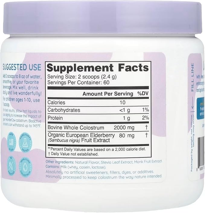 Colostrum Supplement Powder for Gut Health, Immune Support, Muscle Recovery & Wellness | Natural IgG Pure Whole Bovine Colostrum Superfood, Elderberry, 60 Servings