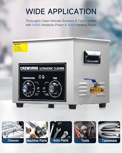 CREWORKS 10L Ultrasound Cleaning Machine with Heater and Timer, 240W Stainless Steel Ultrasonic Washing Machine, 2.6 gal Professional Ultrasound Parts Cleaning Machine for Lab Tool Glasses Auto Part