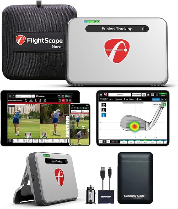 FlightScope Mevo+ Portable Golf Launch Monitor, Rangefinder and Simulator with Signature Power Bundle | 20+ Full Swing & Short Game Data Stats, 12 Courses, 17 Practice Ranges Included