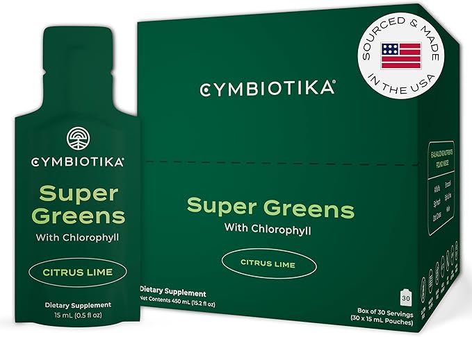 CYMBIOTIKA Super Greens Supplement with Chlorophyll, Spirulina, Daily Vegan Superfood Packets for Digestive Gut Health, Detox, Energy and Immune Support, Citrus Lime Flavor, 15 mL Pouches, 30 Pack