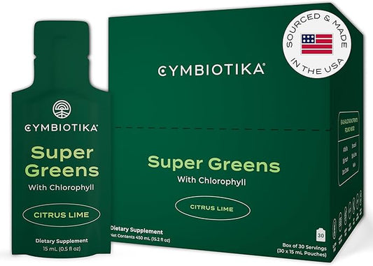 CYMBIOTIKA Super Greens Supplement with Chlorophyll, Spirulina, Daily Vegan Superfood Packets for Digestive Gut Health, Detox, Energy and Immune Support, Citrus Lime Flavor, 15 mL Pouches, 30 Pack
