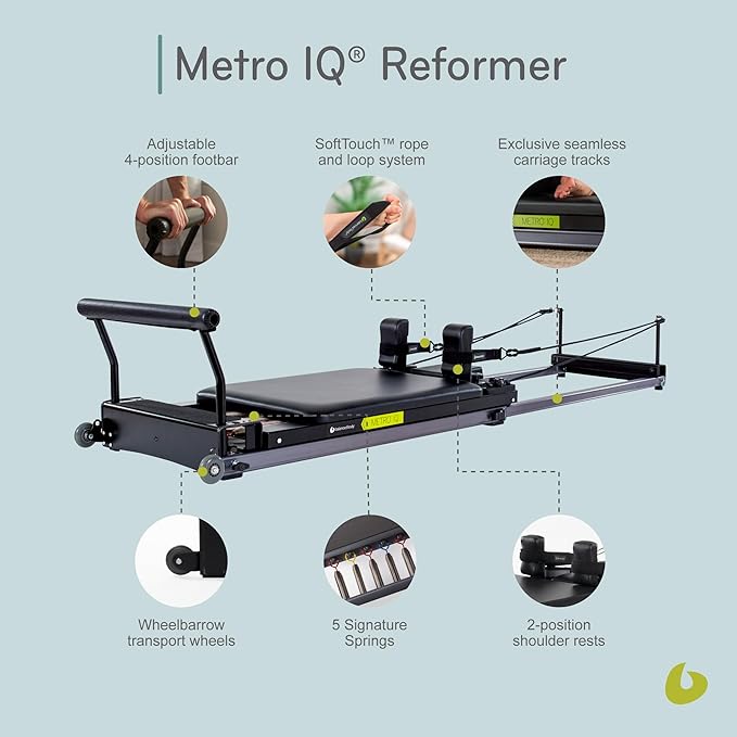 Balanced Body Metro IQ Pilates Reformer with Wheels, Pilates Exercise Equipment, Workout Equipment for Home or Studio, Black Upholstery
