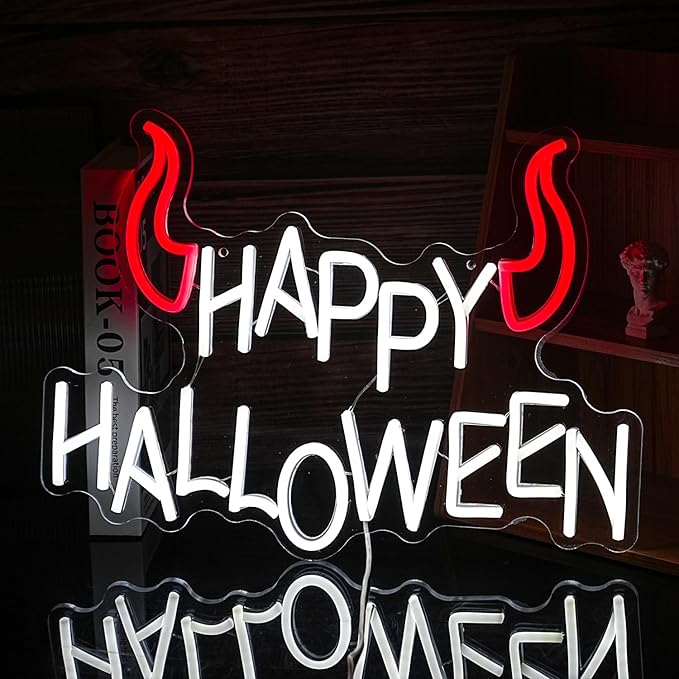 Happy Halloween Neon Sign - Dimmable LED Red Little Corner Light for Wall Decor - USB Powered for Halloween Decoration, Home Spooky Party, Bedroom Decor