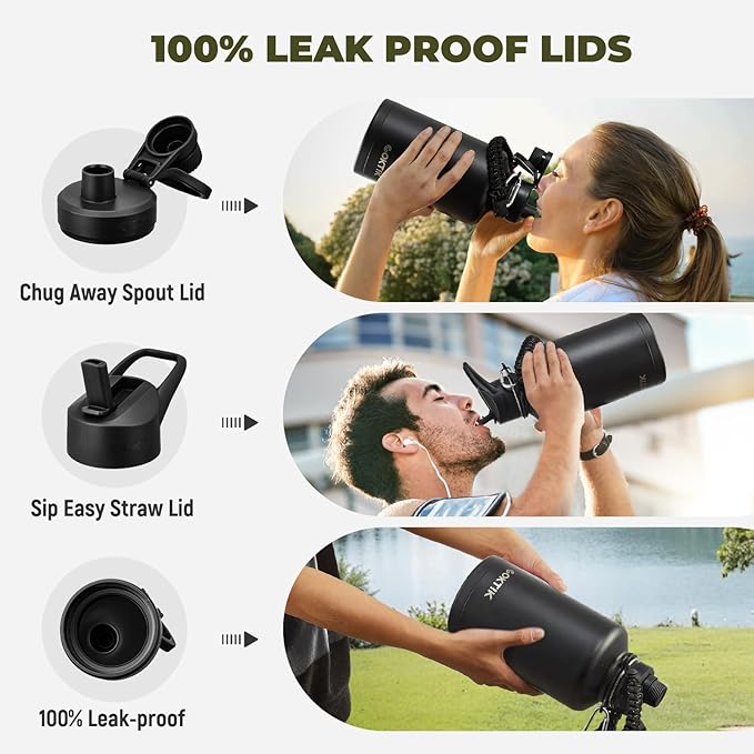 Half Gallon Insulated Water Bottle, 64 oz Triple Wall Stainless Steel Flask, Keeps Drinks Cold for 48 Hrs Leak-Proof & BPA-Free Half Gallon Jug with Paracord Handle, Straw & Spout Lids(2 pack,Black)