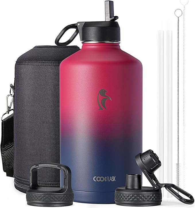 Coolflask 128 oz Gallon Water Bottle Insulated with Straw&3 Lids, Water Jug Large Stainless Steel Metal Vacuum Wide Mouth for Sports, Gym or Office, Non-BPA Keep Cold 48H Hot 24H, Ombre Wine/Navy