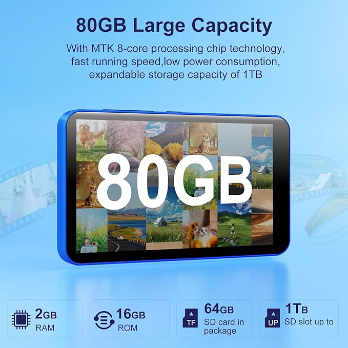 80GB MP3 Player with Bluetooth WiFi, 4" MP3 Players with Spotify, 2000mAh MP4 Player with Touch Screen, Android Music Player with Spotify Kids, Audible, Amazon Music, Play Store