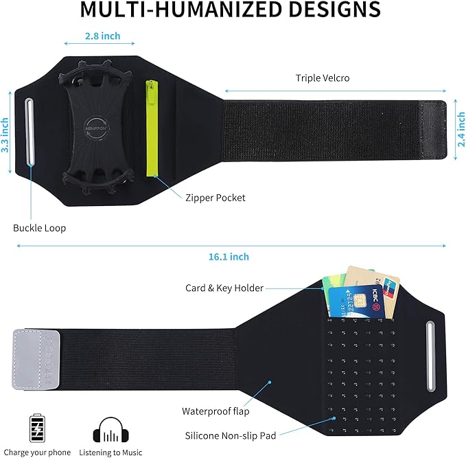 Detachable & 360° Rotatable Armband - Reflective Strap with Zipper Pocket Holder Bag - Compatible with iPhone 16 15 14 Pro Max Plus Samsung Galaxy Note for Running Workout Exercise Walking & Sports