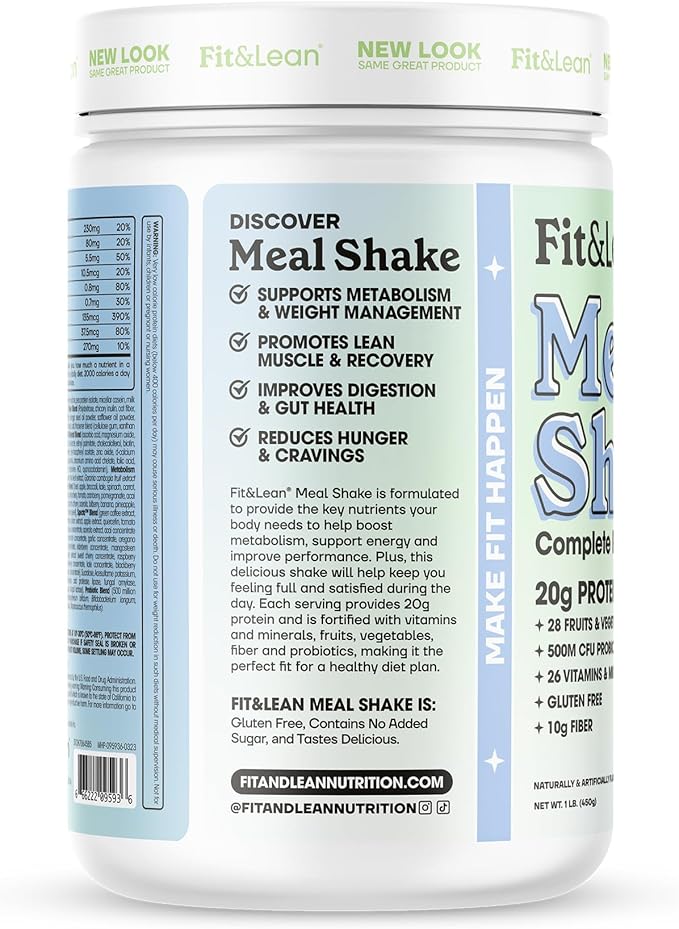 Fit & Lean Meal Shake Meal Replacement with Protein, Fiber, Probiotics and Organic Fruits & Vegetables, Chocolate Peanut Butter Pie, 1lb, 10 Servings