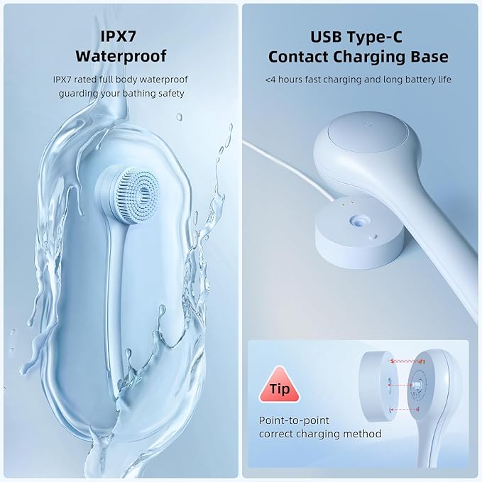 Electric Body Brush Back Scrubber for Shower, Waterproof Long Dual Handle Power Body Scrubber with 3 Heads, Rechargeable Bath Brush & 2 Speeds, for Cleansing, Exfoliating and Massaging Skin