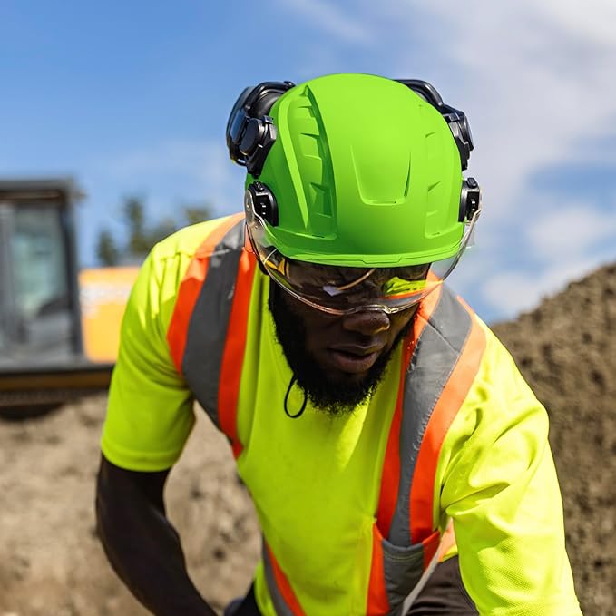 GE Safety Helmet, Impact Absorbing Tech, Adjustable Ratchet, ANSI Type 1, Memory Foam Padding, Hard Hats Protection, Lightweight, Durable, Chin Strap, Comfortable Fit OSHA Approved