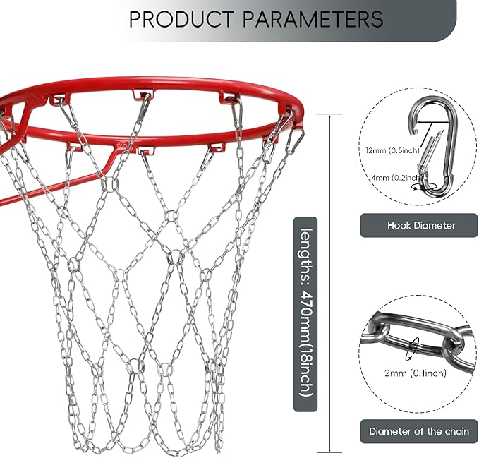 Basketball Net, Stainless Steel Braided Chain Heavy Duty, Standard Basketball Net (12 Links), Quick Installation. Suitable for Indoor and Outdoor Climates