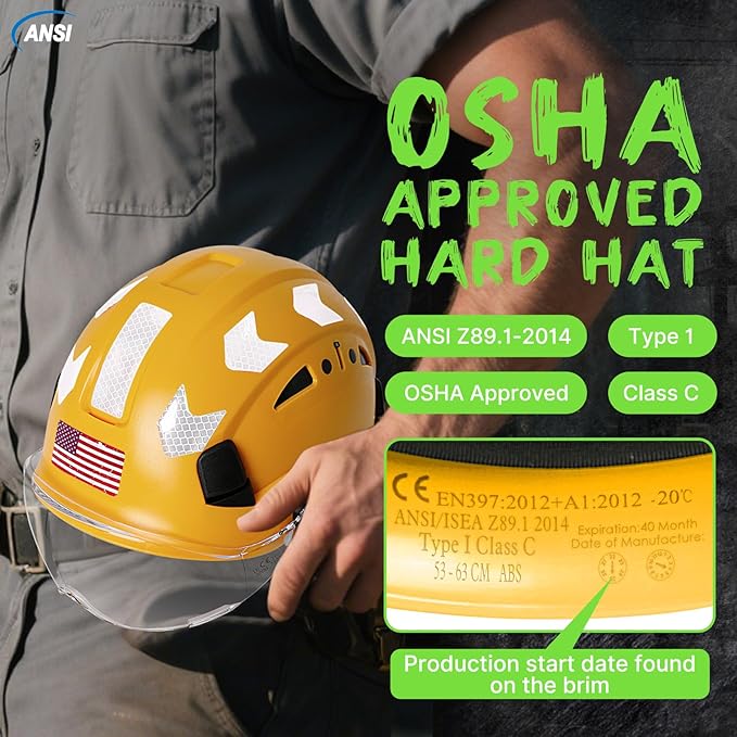 AOLAMEGS Construction Safety Hard Hat - ANSI Z89.1 Type Ι OSHA Approved Safety Helmets with Chin Straps Lightweight Reflective Vented ABS Hard Hats For Men Women Industrial Workwear 6-point Suspension
