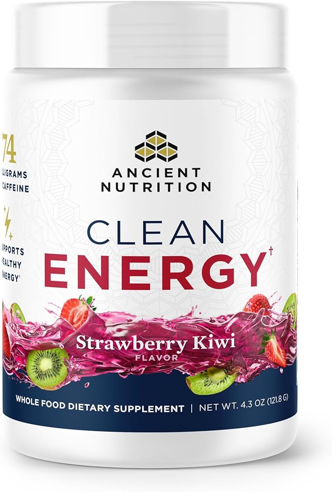 Ancient Nutrition Clean Energy Powder, Strawberry Kiwi, Supports Healthy Energy and Cognitive Health, Promotes Mental Alertness and Focus, 30 Servings