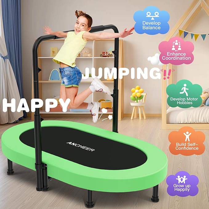 ANCHEER 56" Double Mini Trampoline for Kids, Mini Rebounder with 5-Level Adjustable Handle, Parent-Child Trampoline for Kids, Max Load 220lbs, Fun for Indoor/Outdoor