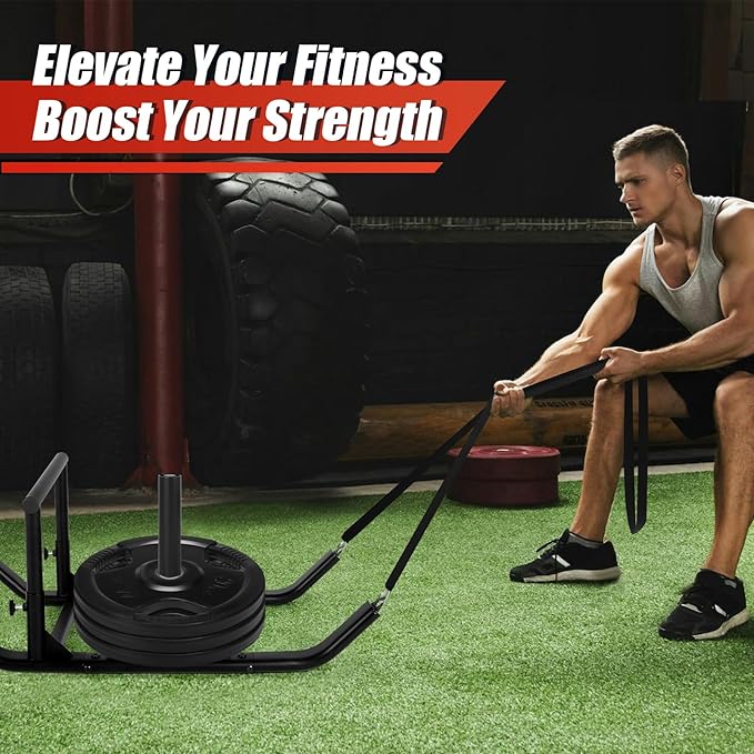 GDFISH Large Weight Sled, Adjustable Height Handle Push Sleds, Workout Fitness Sled for Training Running Speed, Compatible with 1" & 2" Weight Plate, Easy Obstacle Clearance for Grass, Sand, Cement