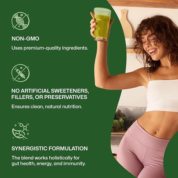 ColonBroom Superfood Greens Powder Supplement | Super Greens Juice Powder with Probiotics, Prebiotics, Spirulina & Chlorella | Natural for Energy, Immunity, Digestion & Detox Support | 28 Servings