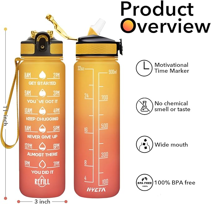 Hyeta 32 oz Water Bottles with Times to Drink and Straw, Motivational Water Bottle with Time Marker, Leakproof, Drinking Sports Water Bottle for Fitness, Gym and Outdoor
