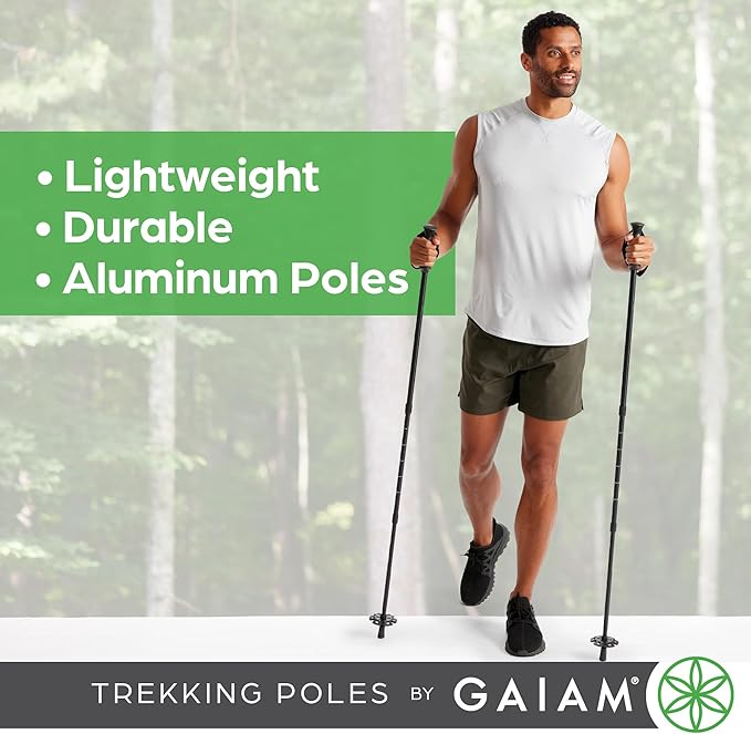 Gaiam Trekking Poles (Pair, Black), Lightweight 7075 Aluminum Hiking Support Walking Stick, Comfort-Grip Handles, All-Terrain Baskets & Styles Included, Camping & Hiking Essentials