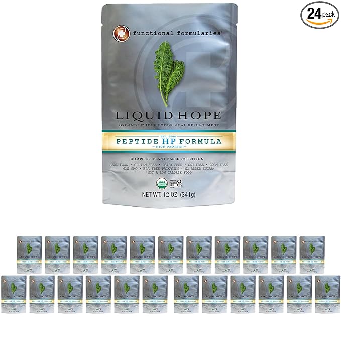 Functional Formularies Liquid Hope Peptide High Protein Organic Tube Feeding Formula and Nutritional Meal Replacement Supplement, 12 Oz Pouch, Pack of 24