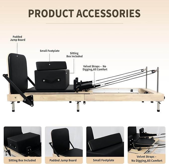 Foldable Pilates Reformer with Sitting Box, Double Jump Boards – Wooden Pilates Reformer Machine with Velvet Straps, German Springs, Smooth Aluminum Rails, Pilates Machine for Home