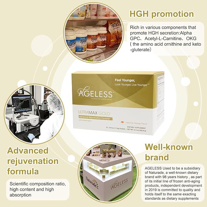 Ageless UltraMAX Gold - HGH Anti-Aging Supplement for Women & Men - Rejuvenates Skin, Restores Youthful Appearance, Boosts Energy & Sleep, Effervescent Powder - Valencia Orange Flavor - 22 Packets