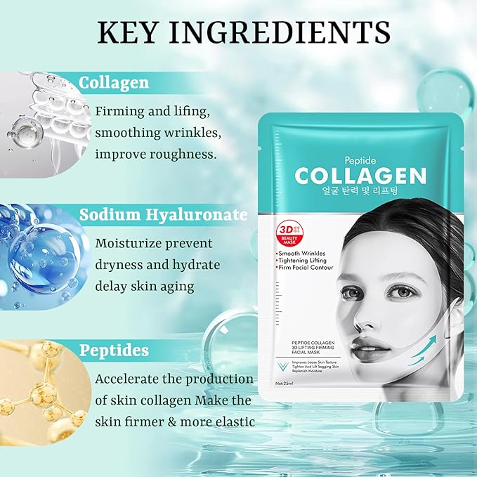 8 Pack Collagen Face Masks V Line Lifting Mask with Peptides, Face Lifting Mask, Firming & Skin Tightening for Sharp & Sculpted Contour, Improves Jawline, Hydrating Face Masks Skincare