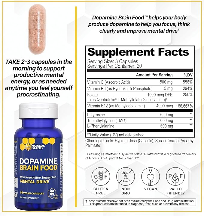Dopamine Brain Food - 650mg L-Tyrosine Supplement - Dopamine Supplement for Focus & Mental Drive - Supports Mental Energy - Neurotransmitter Support with B Vitamins - 120 Capsules
