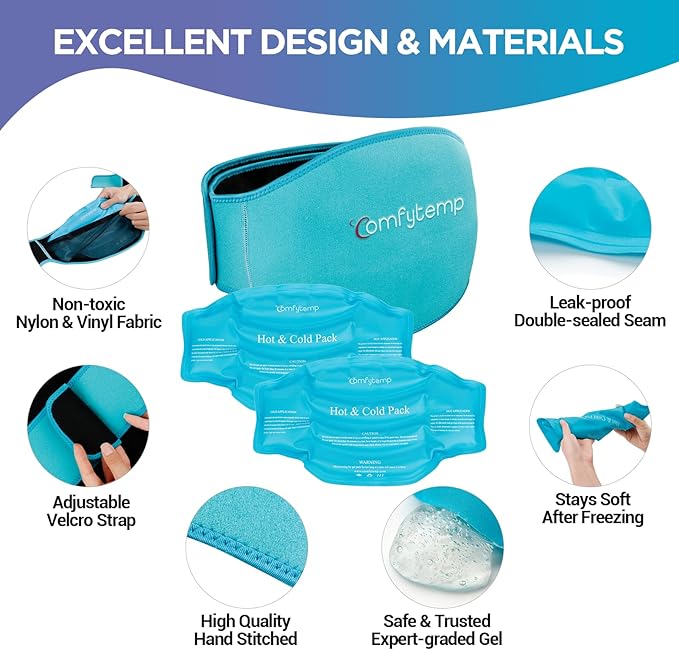 Comfytemp Ice Pack for Back Pain Relief, 2 Packs, FSA Eligible, Reusable Gel Lower Back Wrap Ice Brace for Sciatica Injuries, Hot Cold Compression for Lower Lumbar, Waist, Men Women After Surgery Gift