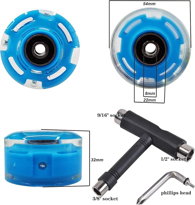 FREEDARE Roller Skate Wheels 54mm/58mm and Bearings Indoor Outdoor Luminous Light Up 83A with T Tools for Double Row Skating and Skateboard (8 Pack)