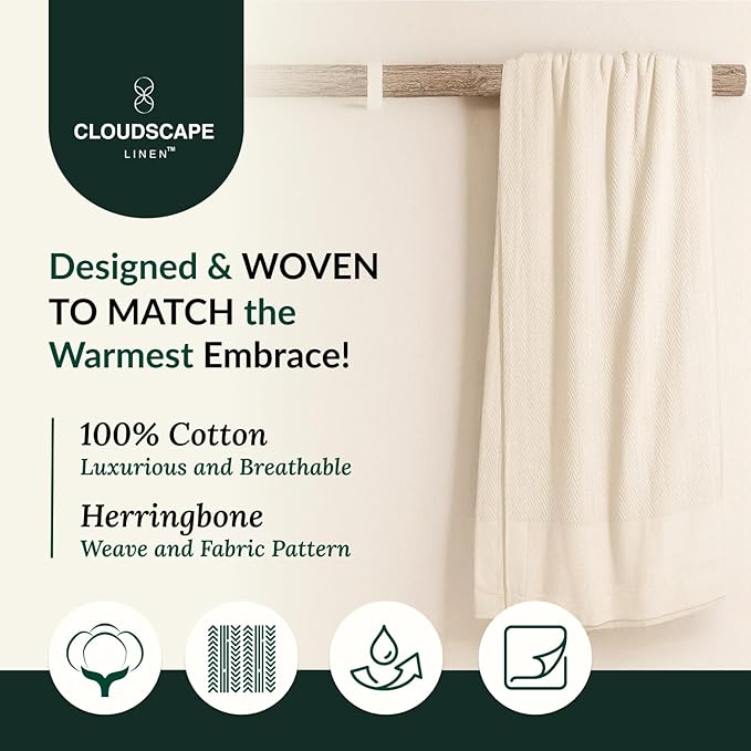 Cloud Scape Linen 100% Cotton Queen Size Blanket, Herringbone Pattern, Lightweight Summer Blanket,Best Gifts for Women, fits Full Size Bed, 92 x 92, Ivory