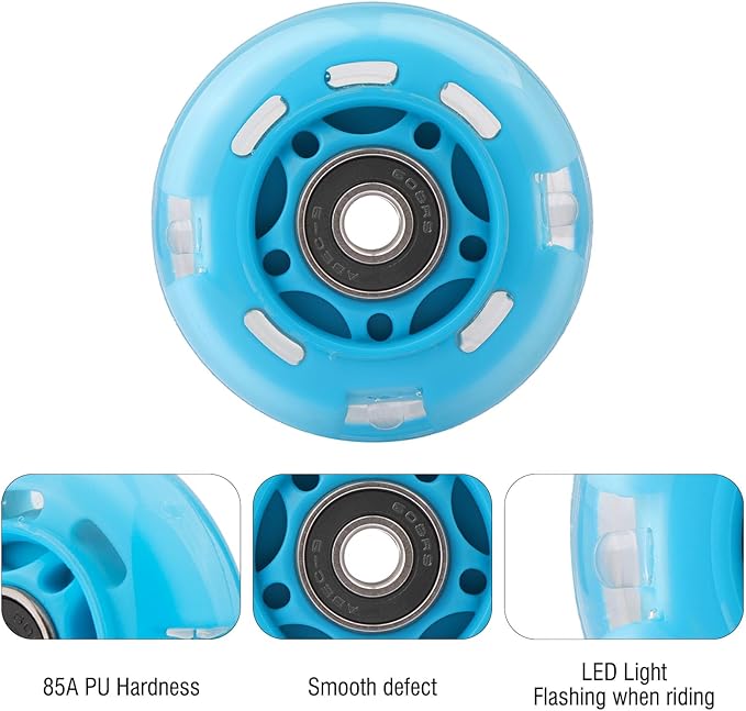 8pcs Inline Skate Wheels Led Light-Up Wheels 64/70/72/76/80mm w/Bushings 85-88A for Kids and Youth Beginners Children's Inline Skates Indoor/Outdoor Use (Blue, 64mm)
