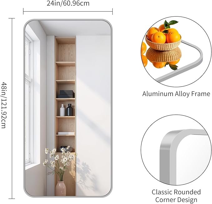 FORBATH 24x48 Inch Silver Bathroom Mirror for Over Sink, Narrow Rectangular Full Length Mirror with Metal Frame, Rounded Corners for Bathroom, Bedroom, Entryway Decor (Horizontal or Vertical)