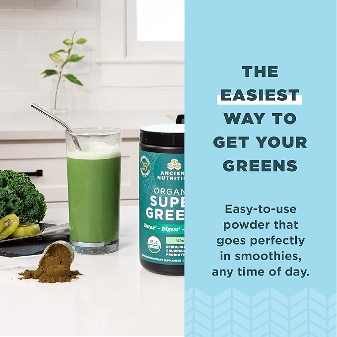 Ancient Nutrition SuperGreens Powder with Probiotics, Organic Peppermint Flavor Greens, Made from Real Fruits, Vegetables and Herbs, for Digestive and Energy Support, 25 Servings, 7.23oz