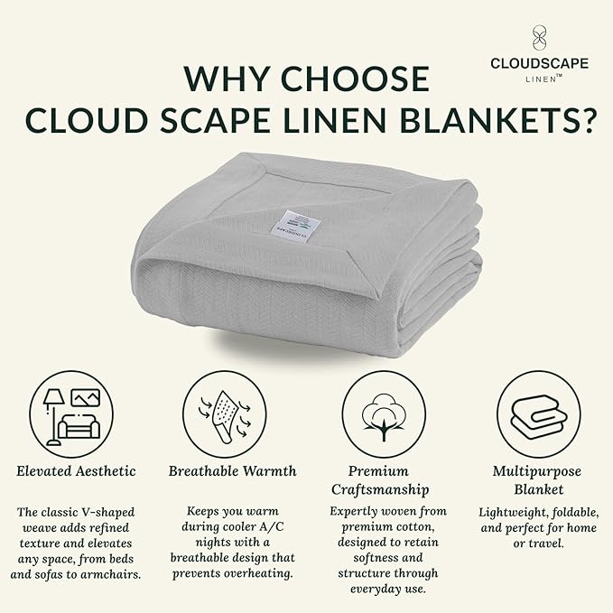 Cloud Scape Linen Herringbone Cotton Throw Blanket for Couch, Bed, Home Decor, Soft, Lightweight, All-Season Travel Blanket, 50 x 70, Light Grey