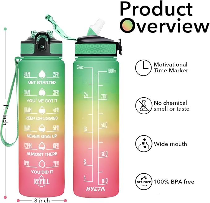 Hyeta 32 oz Water Bottles with Times to Drink and Straw, Motivational Water Bottle with Time Marker, Leakproof, Drinking Sports Water Bottle for Fitness, Gym and Outdoor