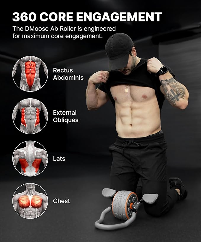 DMoose Fitness Ab Roller Wheel with Elbow Support & 2 Knee Pads - Abdominal Exercise Trainer for Core Strength Training - Ultimate Abs Workout Equipment for Home and Gym - Ab Machine for Men & Women