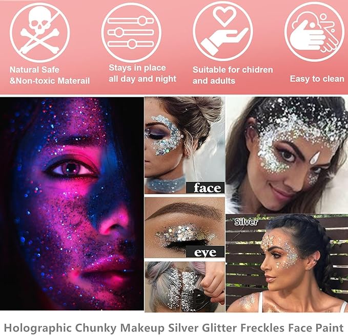 Go Ho Silver Face Body Glitter Gel,Singer Concerts Silver Face Paint Makeup,Holographic Chunky Glitters for Hair/Lip/Nails on Party Halloween Makeup,Festival Rave Accessories,52g