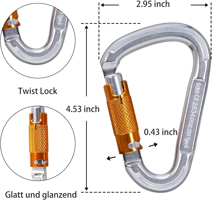Auto Locking Rock Climbing Carabiner Clips, Heavy Duty Asymmetrical Carabiner Connector Used for Rappelling Rescue Outdoor Climbing, Mountaineer, Hammock, Camping