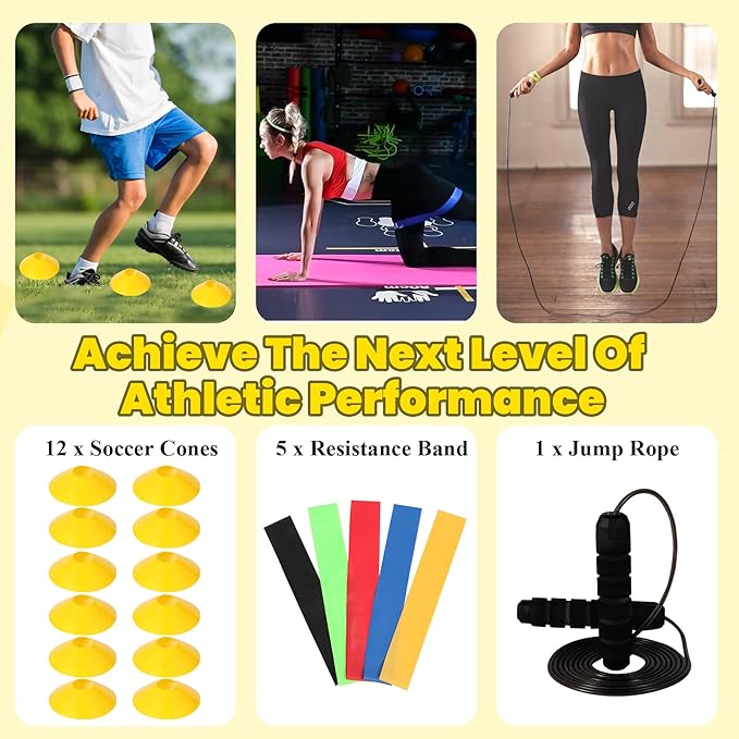 Agility Ladder, Agility Speed Training Set, 20ft 12 Rung Agility Ladder, 4 Agility Hurdles, 5 Resistance Bands, 12 Resistance Cones, Running Parachute, Jump Rope for Athletes, Adults