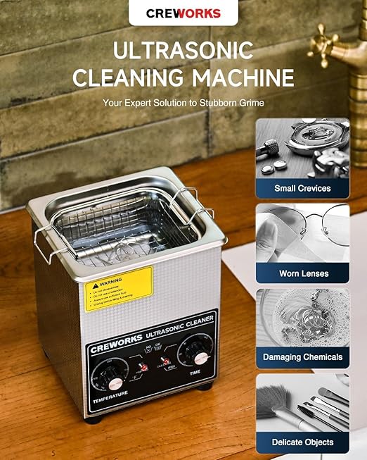 CREWORKS Ultrasonic Cleaner with Heater & Timer, 1/2 Gallon Stainless Steel 60W Ultrasonic Cleaning Machine with Degas & Gentle, 2L Sonic Machine for Professional Jewelry Watch Glasses Cleaning
