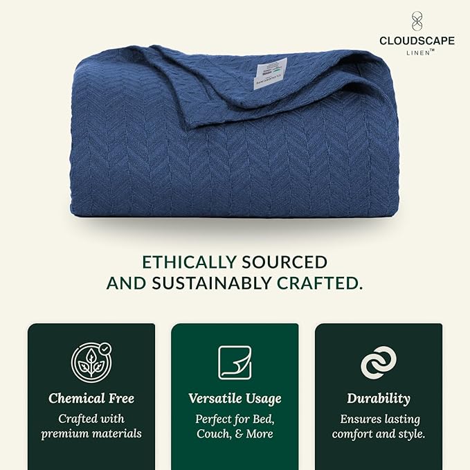 Cloud Scape Linen Herringbone Cotton Throw Blanket for Couch, Bed,Sofa, Home Decor, Soft, Lightweight, All-Season Bed Blanket, 50 x 70,Ensign Blue