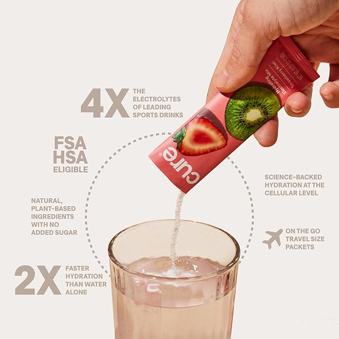 Cure Hydration | Plant-Based Electrolyte Drink Mix | No Added Sugar | FSA-HSA | Dehydration Relief Powder Made with Coconut Water | Non-GMO | Vegan | Pouch of 14 Packets - Strawberry Kiwi