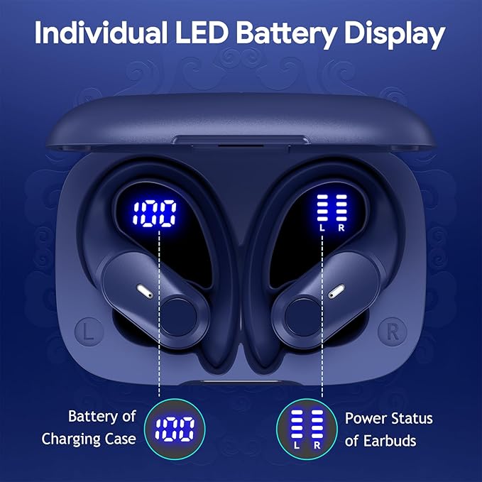 GOLREX Active Noise Cancelling Ear Buds Wireless Earbuds Bluetooth Headphones with 80H Playtime LED Display Wireless Charging Case, Over-Ear Hooks Earbud for Sports Running Gym Workout Blue