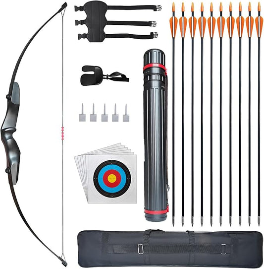Archery Bow and Arrows Set for Adults 20 30 40 lbs Bow and Arrow for Beginner Teens Black Longbow Kit for Outdoor Hunting Archery Target with Quiver Target Faces Arm Guard Finger Saver