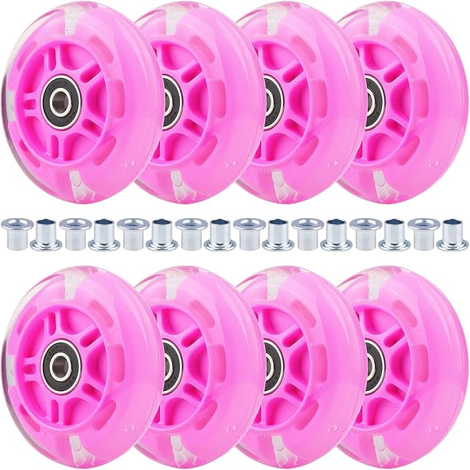 8pcs Inline Skate Wheels Led Light-Up Wheels 64/70/72/76/80mm w/Bushings 85-88A for Kids and Youth Beginners Children's Inline Skates Indoor/Outdoor Use (Pink, 80mm)