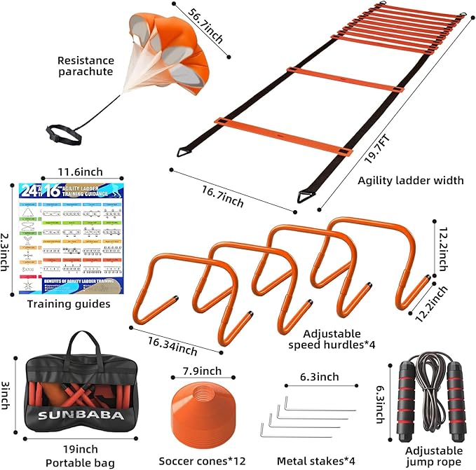 Agility Ladder Speed Training Equipment Set with 20ft Agility Ladder,4 Hurdles,12 Cones,Jump Rope,Running Parachute-Ideal Training Equipment for Kids Youth Adults in Soccer Football Basketball