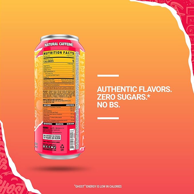 GHOST Energy Drink - 12-Pack, Strawbango, 16oz - Energy & Focus & No Artificial Colors - 200mg of Natural Caffeine, L-Carnitine & Taurine - Gluten-Free & Vegan