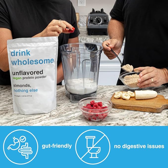 drink wholesome Vegan Unflavored Almond Protein Powder | for Sensitive Stomachs | Additive & Dairy Free | No Artificial Sweeteners | No Bloating, Farts or Gas | No Constipation or Diarrhea